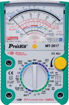 Analog Multimeter With Transistor Test This quality analogue multimeter is ideal for observing constantly varying quantities such as cycling voltages or speaker resonance testing.  It has 20kO/Volt sensitivity with a colour scale and mirrored arc for parallax error reduction.