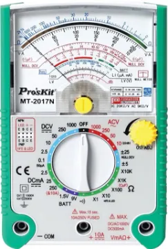 Analog Multimeter With Transistor Test This quality analog multimeter is ideal for observing constantly varying quantities such as cycling voltages or speaker resonance testing.  It has 20kO/Volt sensitivity with a colour scale and mirrored arc for parallax error reduction.