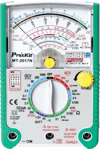 This quality analog multimeter is ideal for observing constantly varying quantities such as cycling voltages or speaker resonance testing.  It has 20kO/Volt sensitivity with a colour scale and mirrored arc for parallax error reduction. 