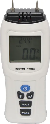 Designed to measure moisture in wood and building materials this handheld meter can test levels in sawn timber, plaster, concrete, mortar and many other hard materials.