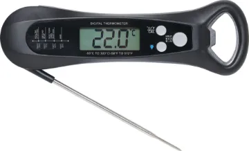 Spike Probe Thermometer with Bottle Opener A handy fast reading digital thermometer suitable for a wide array of uses such as monitoring liquids in laboratory, kitchen or BBQ use - great for roasting meats home brew setups and more!