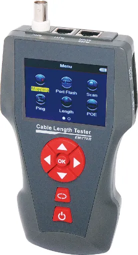 This comprehensive cable testing kit consists of three units. The main tester with 2.8" LCD screen, cable "sniffer" receiving unit and 8 remote identifiers. It is capable of measuring cable length, tracing cable location, continuity testing, PoE and Ping testing. It can be used with LAN, telephone cabling.