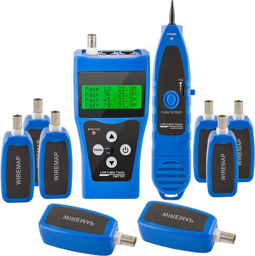 This comprehensive cable testing kit consists of three units. The main tester with 4 x 16 character screen, cable ‘sniffer’ receiving unit and 8 remote identifiers.