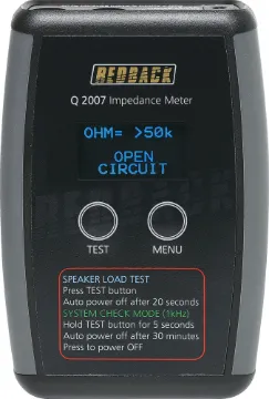 Digital Audio Impedance Meter An absolute necessity for all PA system installers. This impedance meter for ‘dummies’ designed and manufactured by Altronics calculates and displays speaker loads in watts. Lithium rechargeable version.