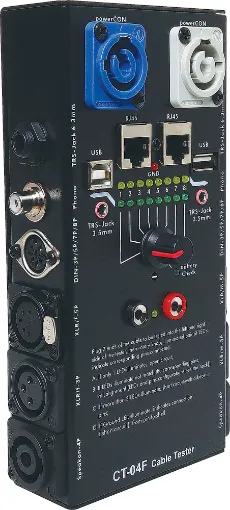 Compatible with 3.5mm jack, 6.35mm jack, 3/5/7/8 pin DIN, RCA, 3/5 pin XLR, 4P Speakon, Powercon, banana plugs, RJ45 and USB. A quick and easy way to confirm lead integrity.