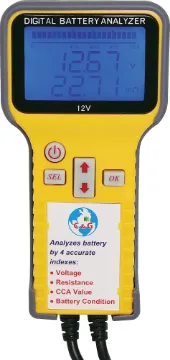 Digital Battery Analyser Detects and analyses battery voltage, cold cranking amperes (CCA), resistance (mΩ) and battery cell condition. Suitable for use with cars, trucks, busses, boat, forklifts and motorcycles - anywhere a 12 Volt lead acid battery is used. Includes heavy duty wide entry croc clip cables. Very easy to use, simply connect to the battery, turn tester