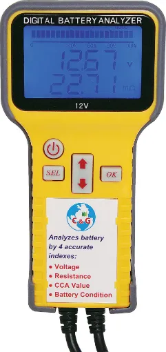 Detects and analyses battery voltage, cold cranking amperes (CCA), resistance (m&#937;) and battery cell condition. Suitable for use with cars, trucks, busses, boat, forklifts and motorcycles - anywhere a 12 Volt lead acid battery is used. Includes heavy duty wide entry croc clip cables. Very easy to use, simply connect to the battery, turn tester 