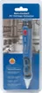 A trade quality waterproof non contact detector designed for AC detection. It detects live AC voltages from 100V to 1000V (50-60Hz), plus a low voltage range for 12V to 100V AC. Easy operation allows detection of live wires without contact. Whenever AC is detected at a power point, sheathed or bare ended cable, the tester will light up red.
