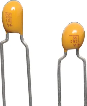 0.1uf 35V 5mm Tantalum Capacitor Polarised, high capacitance for their size, Good temperature/age stability characteristics, Resin dipped encapsulated package.