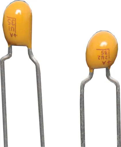 Tantalum capacitors are polarised and have a high capacitance for their size. They have good temperature and age stability characteristics. Resin dipped encapsulated package. Tolerance: &plusmn10%	
