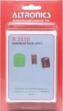 Assorted Greencap Capacitors 50Pcs All computer selected values, i.e. you get more of the most used values and less of the least common.