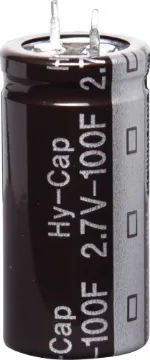 100F 2.7V High Current Super Capacitor High current peak power back up applications. 10mm pin pitch.