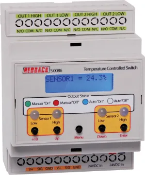 Temperature Controlled DIN Rail Switch Designed in house by Altronics R&D, this compact unit has two inputs. Both can be arranged to be either a local sensor or a remote sensor.