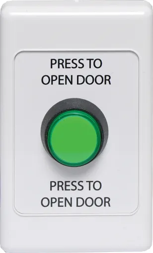 Standard dual cover wallplate fitted with an S0921 green LED illuminated momentary pushbutton switch. 