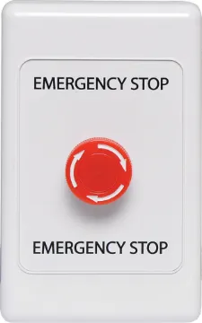 Wallplate Fitted With Push/Twist Emergency Stop Switch Alternate action latches in off position. Rotating the spring loaded actuator clockwise allows circuit to reconnect.
