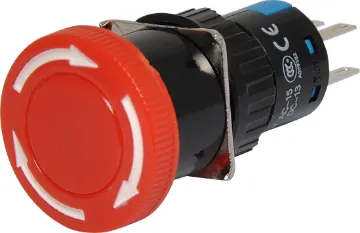 DPDT Emergency Stop Solder Tail Pushbutton Switch Alternate action latches in off position. Rotating the spring loaded actuator clockwise allows circuit to reconnect.