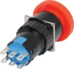 Alternate action latches in off position. Rotating the spring loaded actuator clockwise allows circuit to reconnect.