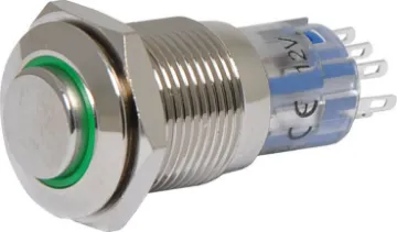 DPDT Momentary LED Green Solder Tail Pushbutton Switch Switch type: DPDT
Contact rating: 3A @ 250V AC
Contact resistance: <50mΩ
Insulation resistance: >100MΩ
LED: 12V AC/DC
Dialectric strength: 1000V between poles
Electrical life: >30,000 cycles