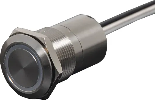 Touch activated dual colour (red, green) LED switch for ticket machines, kiosks, access control etc. IP67 rated. 30cm fly lead connection. Momentary touch action.