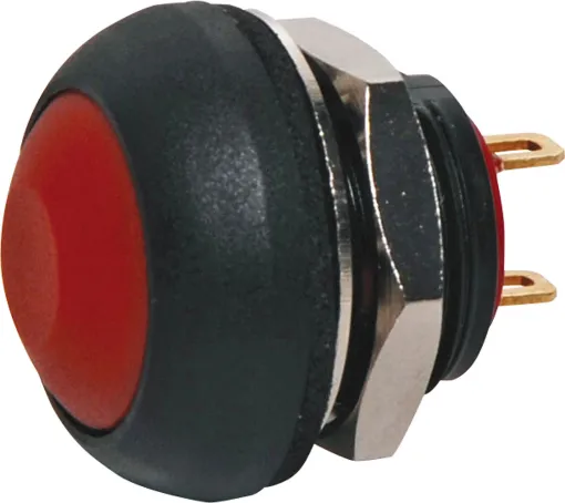 Contact rating: 125mA @ 125V AC
Contact res.: 50m&#937 max.
Insulation res.: 1G&#937 min @ 500V DC
Dialectric strength: 1000V AC 1 minute
Electrical life: 500,000 cycles

SPST Momentary with Red pushbutton actuator.