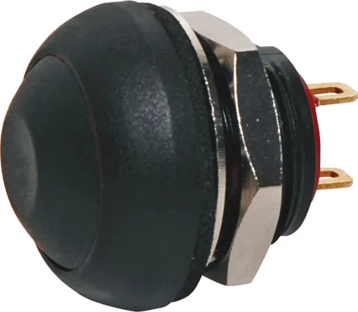 Contact rating: 125mA @ 125V AC
Contact res.: 50m&#937 max.
Insulation res.: 1G&#937 min @ 500V DC
Dialectric strength: 1000V AC 1 minute
Electrical life: 500,000 cycles

SPST Momentary with Black pushbutton actuator.