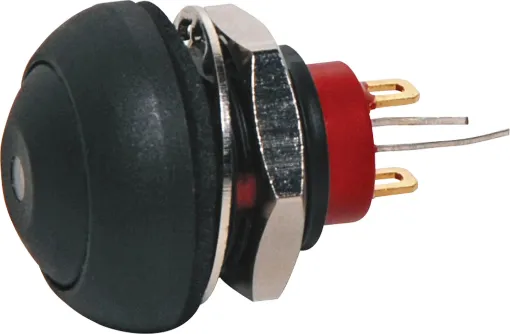 Contact rating: 125mA @ 125V AC
Contact res.: 50m&#937 max.
Insulation res.: 1G&#937 min @ 500V DC
LED: Red 2V DC
Dialectric strength: 1000V AC 1 minute
Electrical life: 500,000 cycles

SPST Momentary with Black pushbutton actuator and Red LED.