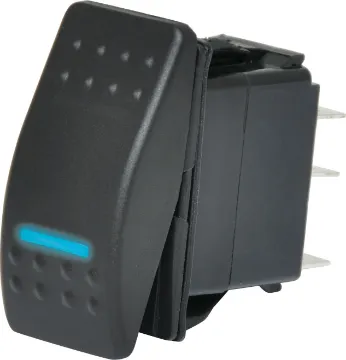 DPST Blue Illuminated IP66 Marine 12V/24V Rocker Switch Switch type: Rocker switch, DPST
Contact rating:	10A @ 250V ac / 24V dc
Neon:	Blue, 12/24V dc
Electrical life: 	20,000 cycles
Panel thickness:	4mm
Mechanical life:	50,000 cycles
Contact resistance:	<50mΩ
Insulation resistance:	>100MΩ
Dielectric strength:	>1500V ac 1 minute