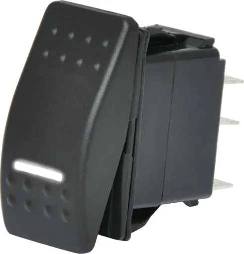 Switch type: Rocker switch, DPST
Contact rating:	10A @ 250V ac / 24V dc
Neon:	White, 12/24V dc
Electrical life: 	20,000 cycles
Panel thickness:	4mm
Mechanical life:	50,000 cycles
Contact resistance:	<50m&#937
Insulation resistance:	>100M&#937
Dielectric strength:	>1500V ac 1 minute