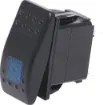A marine/boat style flat rocker switch suitable for use in 12V DC or 24V DC power systems. Blue illumination.