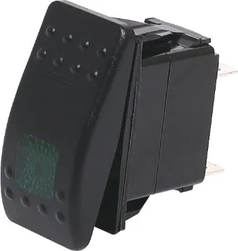 SPST Green Illuminated IP66 Marine 12V/24V Rocker Switch A marine/boat style flat rocker switch suitable for use in 12V DC or 24V DC power systems. Green illumination.
