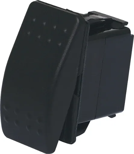 A marine/boat style flat rocker switch suitable for use in 12V DC or 24V DC power systems. 