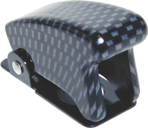 A missile switch cover for toggle switches. Prevents accidental activation. Great for race cars. Cover turns switch off when snapped down.
Carbon fibre look. To suit S1040/42/50/52 switches.