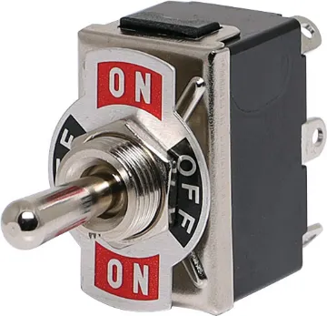 DPDT (On/Off/Mom On) 10A Heavy Duty Toggle Switch DPDT switch with On-Off-Mom On plate. Locks on in both directions. With metal actuator.