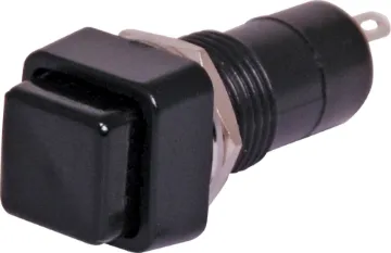 SPST Square Alt Action Black Solder Tail 125V Pushbutton Switch SPST Alternate action switch with a black cap.