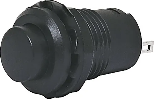 Low profile black push button switch with solder tail connection.