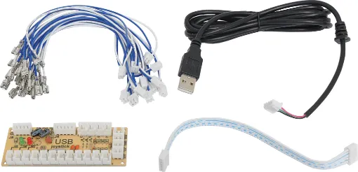 A handy USB interface board for connection to a S 1147 joystick and up to 12 arcade buttons. It connects into any device that supports a USB joystick. Includes pre-terminated interface leads with 6.3mm spade plugs.  35x85mm board size.