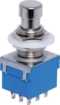 3PDT Alternate Footpad Switch Commonly used guitar effects pedals, stomp boxes etc. Push on, push off type.
Contact rating:	4A @ 125VAC, 2A @ 250VAC
Contact resistance:	<20mΩ
Mounting hole diam.:	12mm