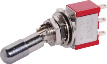 SPDT With Locking Mech. Solder Tail Mini Toggle Switch Includes an actuator that cannot be operated accidentally. To switch on or off the actuator must be pulled out before switching can take place.
 
The Salecom range of miniature and sub-miniature switches are pin for pin compatible with several other lea