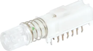 4PDT Green LED PCB Mount Pushbutton Switch Locking push on, push off actuation.