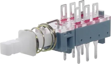 DPDT Alt. PCB Mount Pushbutton Switch Locking push on, push off actuation.