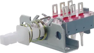 DPDT Alternate PCB/Chassis Mount Pushbutton Switch Locking push on, push off actuation. With Mounting Bar