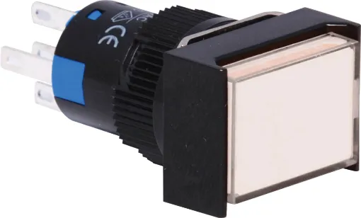 	 SPDT Momentary Action - White

Switch type: Momentary
Body material: High grade thermoplastic
Operating travel: 3.0mm
Actuating force: 200-500gm
Mech. lifetime: 1M operations min
Electrical life: &#8805;50,000 operations min.
Electrical rating: 250V AC 5A
LED: 24V (inbuilt resistor)
Dielectric strength:  2kVAC, 50Hz, 1 min
Insulation r