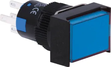 SPDT Mom. LED Blue Solder Tail Pushbutton Switch 	 	 SPDT Momentary Action - Blue
Switch type: Momentary
Body material: High grade thermoplastic
Operating travel: 3.0mm
Actuating force: 200-500gm
Mech. lifetime: 1M operations min
Electrical life: ≥50,000 operations min.
Electrical rating: 250V AC