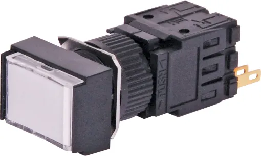 Momentary type illuminated switch incorporating a very positive, audible and tactile feel when operated. Includes provision for a globe. In-built diffuser can be directly engraved. Alternatively a clear printed label can be placed behind the coloured cove.