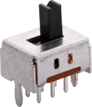 DPDT PCB Mount Sub Miniature Slide Switch Slide switch with PCB mount locating pins, 6 brass contact terminals and plastic actuator.