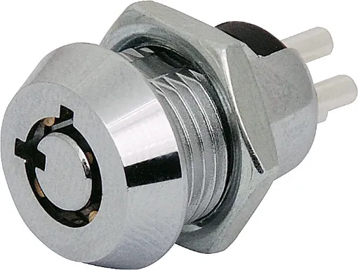 Mini. DPST. Radial type  tumbler mechanism. Silver plated contacts and terminals. Rated at 0.5A @ 240V AC.  Key removable in both positions. Supplied with two keys. Overall depth with key inserted 49mm, including terminals. 