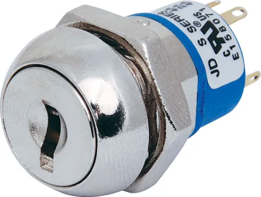 Panel hole 19mm, length 27.5mm from rear of front shroud, 33.6mm overall depth, 61mm depth with key inserted, including terminals. Overall diameter 22mm. Two 606 keys supplied with each switch.
Rated 2A @ 250V AC.

Key removable in left hand position 1 onl