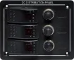 Features 3 x 20A 12V DC rated switches with red illuminated with individual 15A DC breakers.  
114W x  96H x 60Dmm.