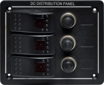 3 Way Switch Panel With Breakers Features 3 x 20A 12V DC rated switches with red illuminated with individual 15A DC breakers.  
114W x  96H x 60Dmm.