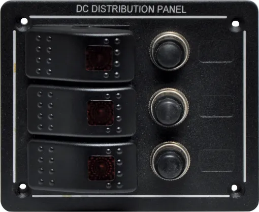 Features 3 x 20A 12V DC rated switches with red illuminated with individual 15A DC breakers.  
114W x  96H x 60Dmm.